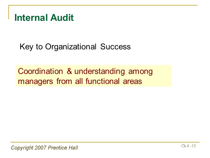 Copyright 2007 Prentice Hall Ch 4 -15 Internal Audit Coordination & understanding among managers
